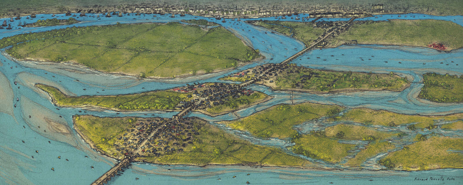 Vue illustrative de la ligne des ponts au 18e siècle