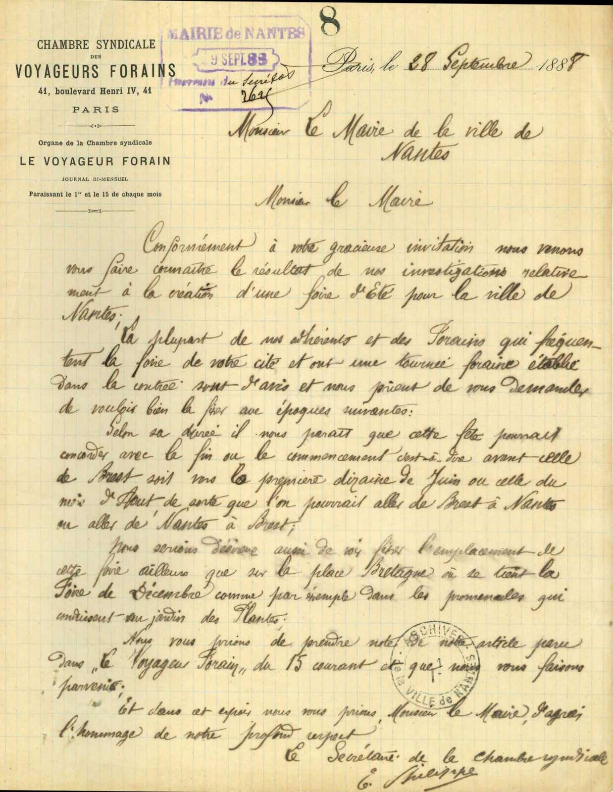 Courrier de la chambre syndicale des Voyageurs forains du 28 septembre 1888