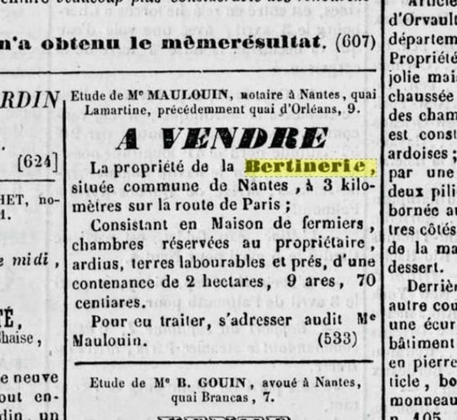 Annonce de la mise en vente de la propriété de la Bertinerie en 1849 dans le « Courrier de Nantes politique, commercial et littéraire »