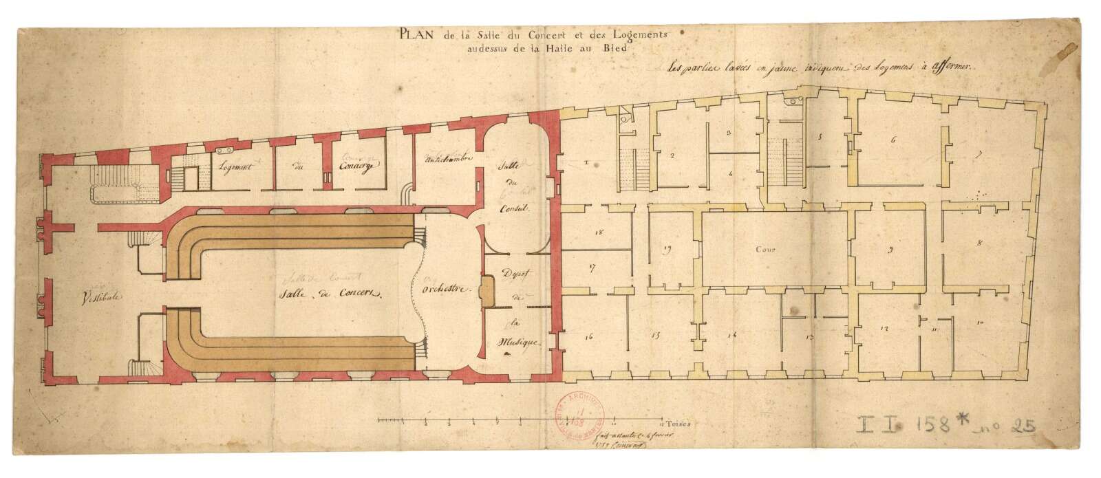 Plan de la salle de concert et des logements au-dessus de la halle au blé par Jean-Baptiste Ceineray