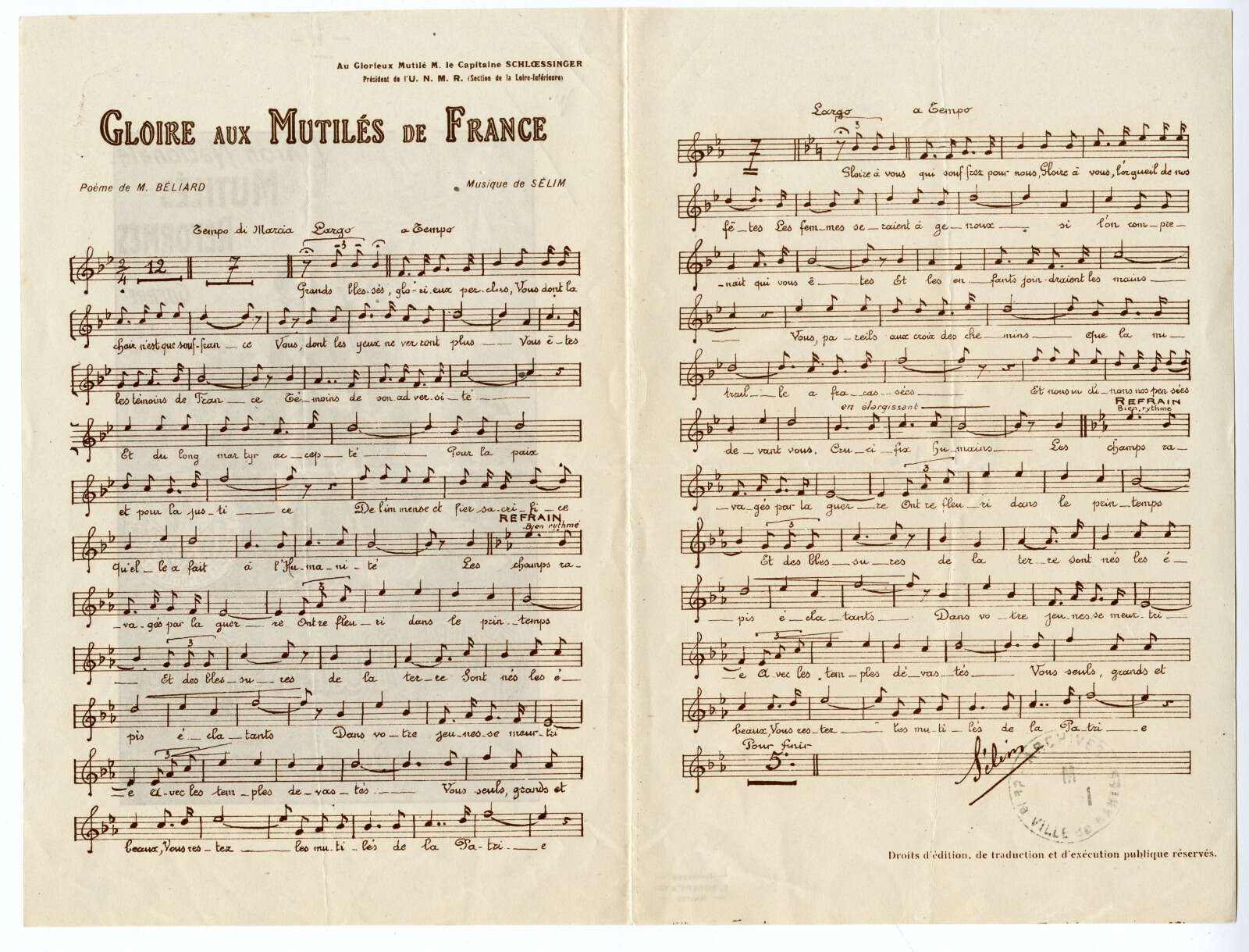 Partition du chant « Gloires aux mutilés de France »