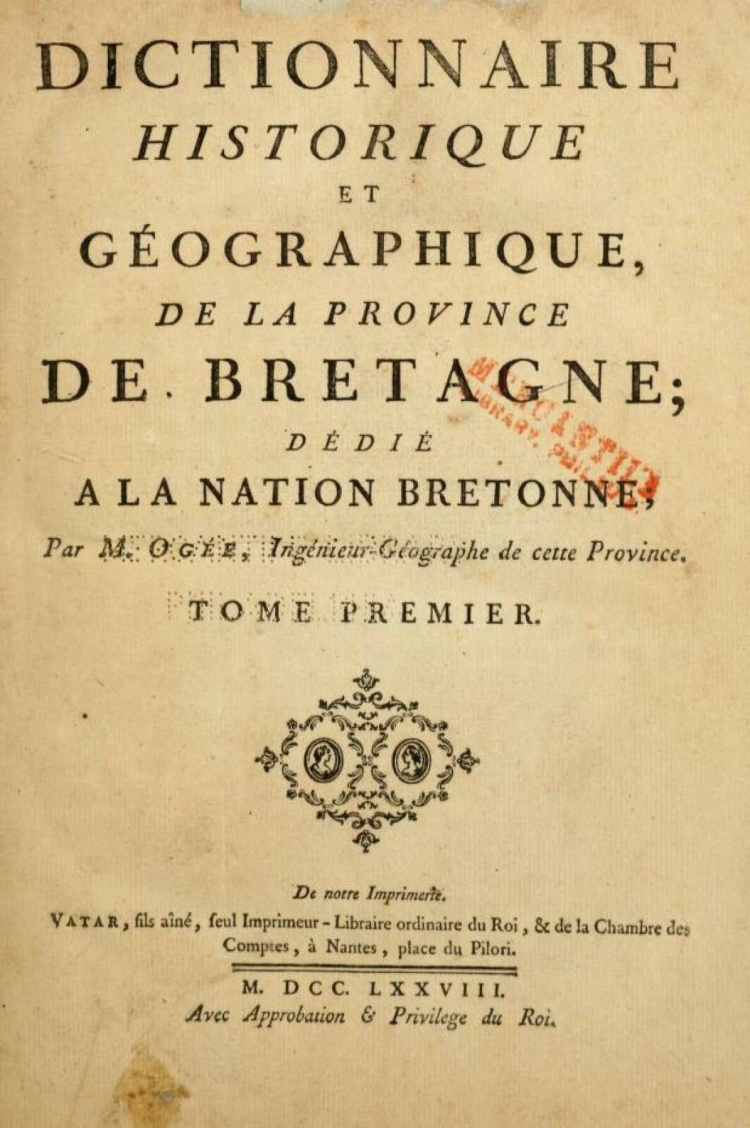 Première page du « Dictionnaire historique et géographique de la province de Bretagne »