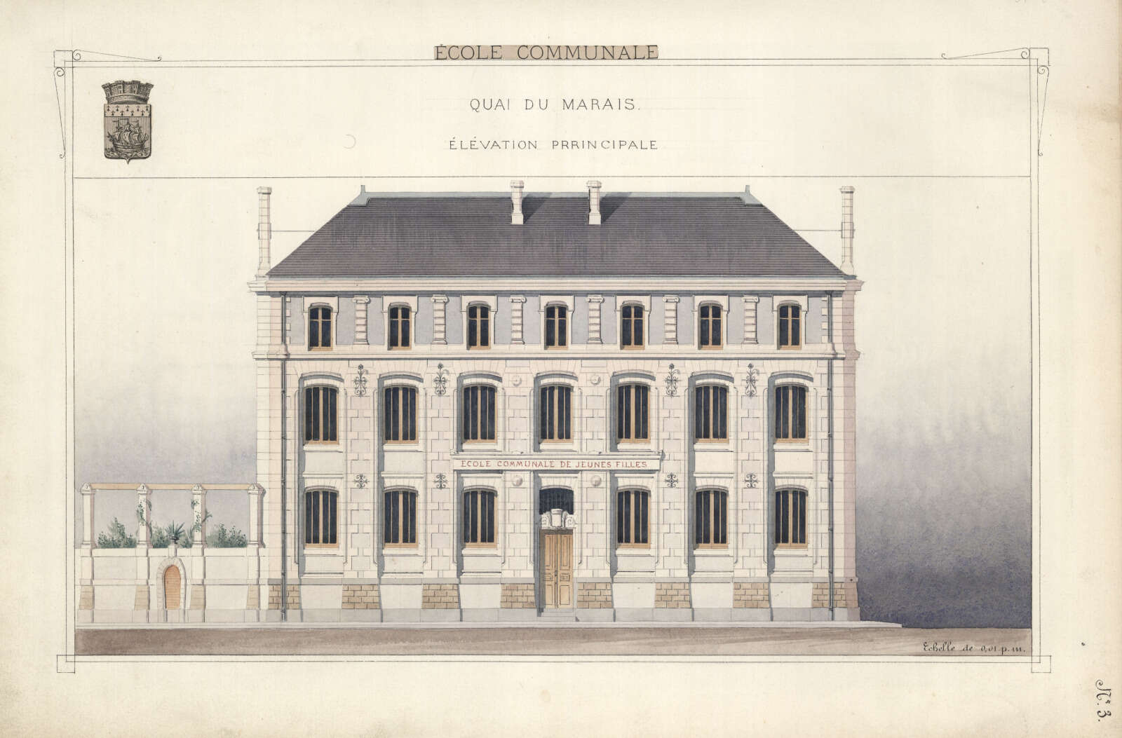 Élévation de la façade principale de l’École du Marais, quai du Marais
