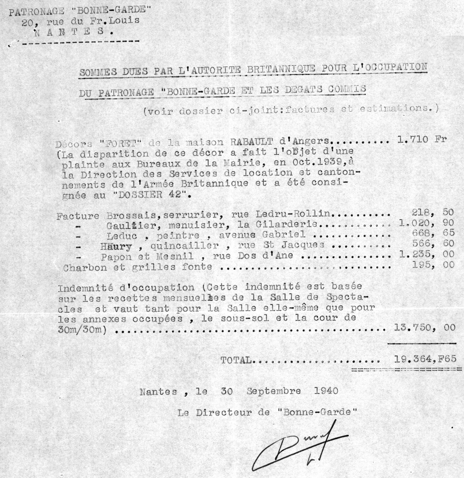 Demande d’indemnisation formulée par le patronage de Bonne Garde à l’intention des autorités britanniques