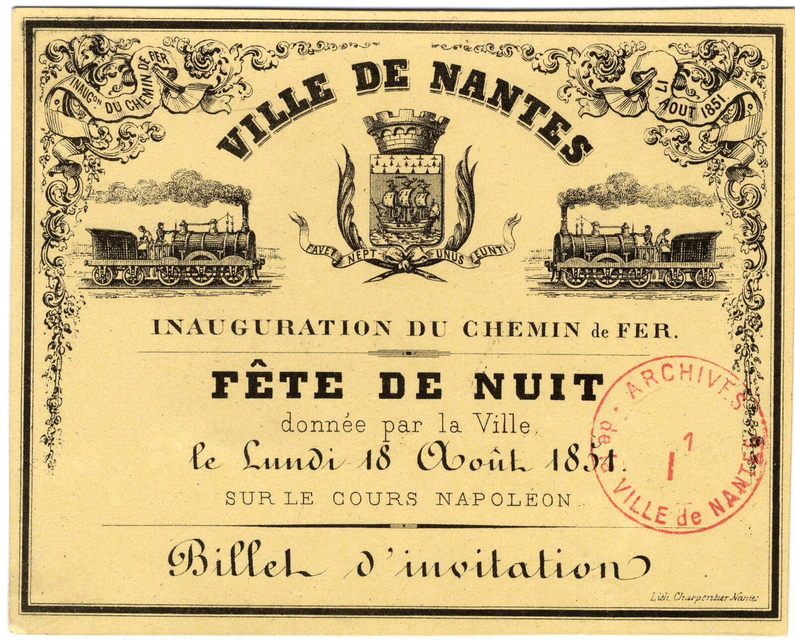 Billet d’invitation pour la fête de nuit donnée à l'occasion de l'inauguration du chemin de fer, cours Napoléon