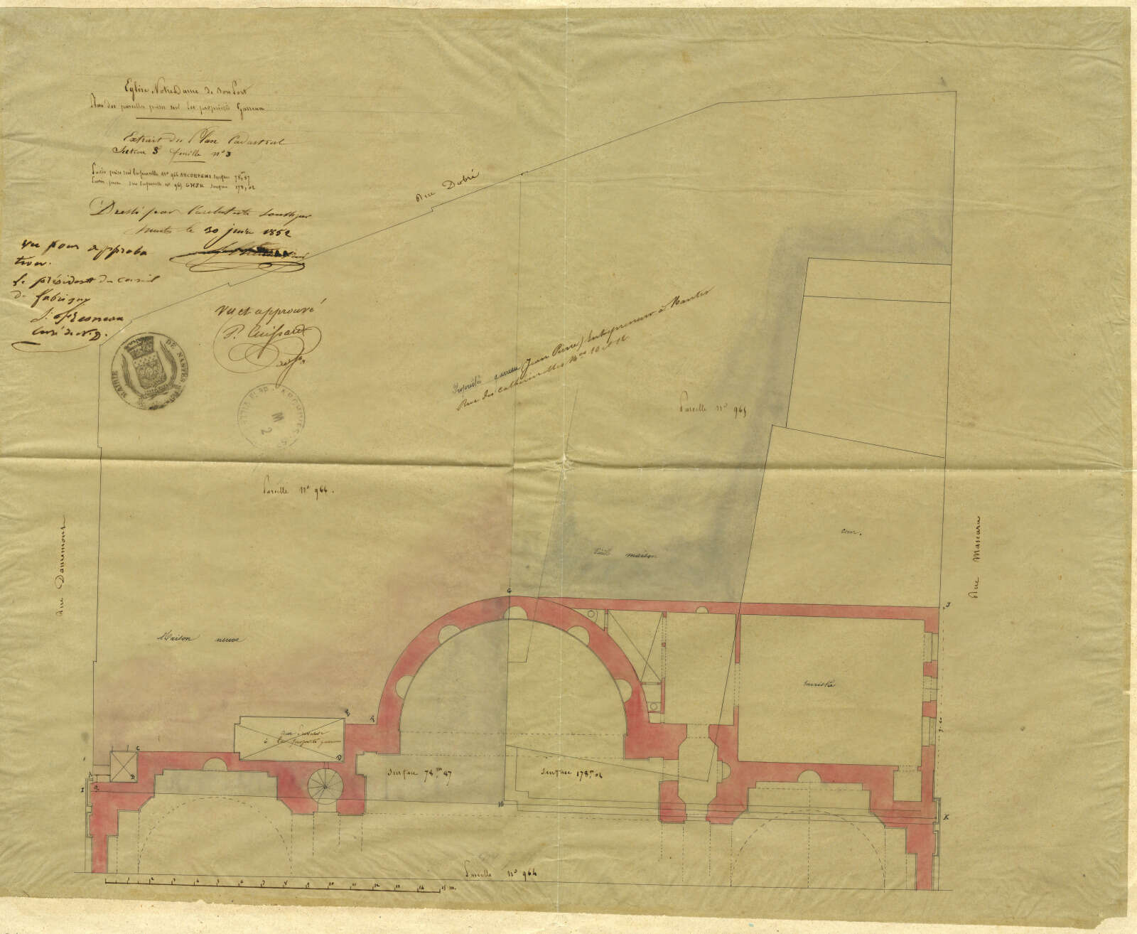 Plan de construction de l'église Notre-Dame-de-Bon-Port – plan des parcelles prises sur les propriétés Garreau