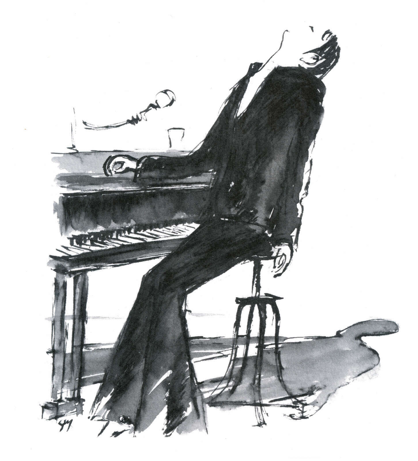 Dessin à l'encre de chine de Barbara au piano