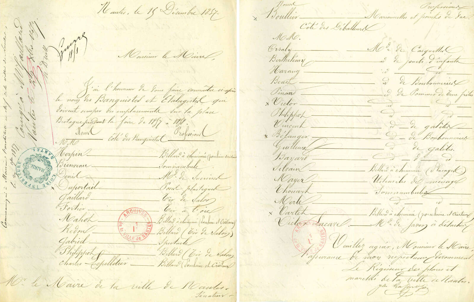 Liste des banquistes et étalagistes pour la foire de 1857-1858