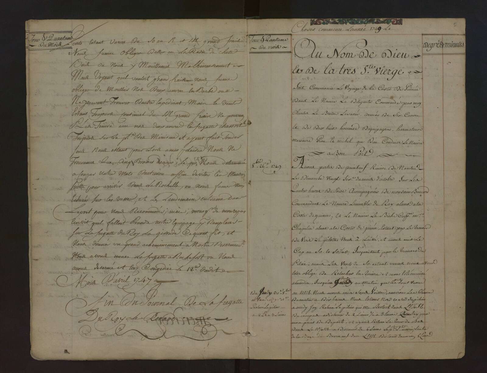 Livre de bord de la Diligente, extrait
