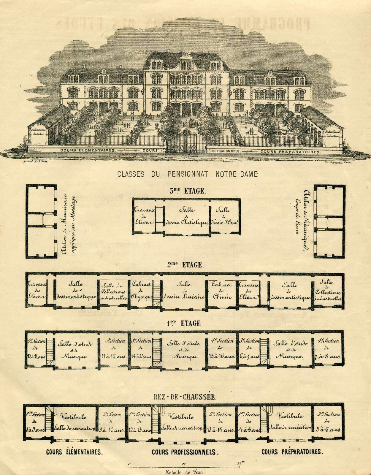 Gravure et plan des classes de l'Institution Notre-Dame