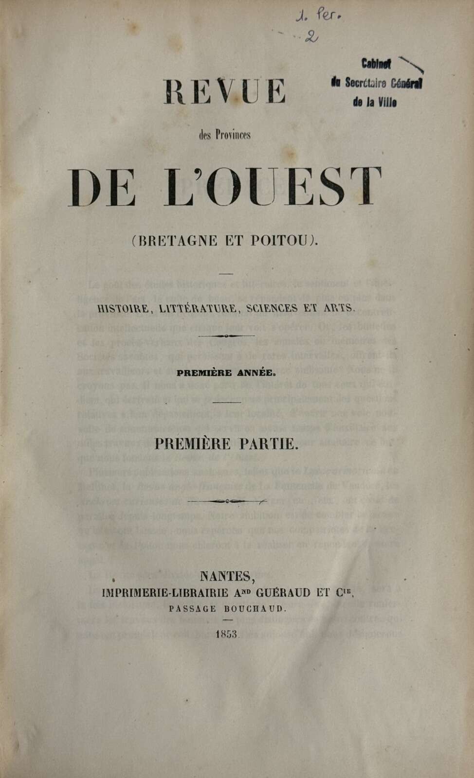 Premier volume publié de la « Revue des Provinces de l’Ouest, Bretagne et Poitou »