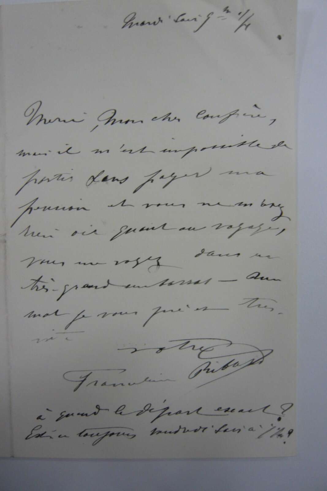 Lettre du docteur Franceline Ribard à Paul Bert
