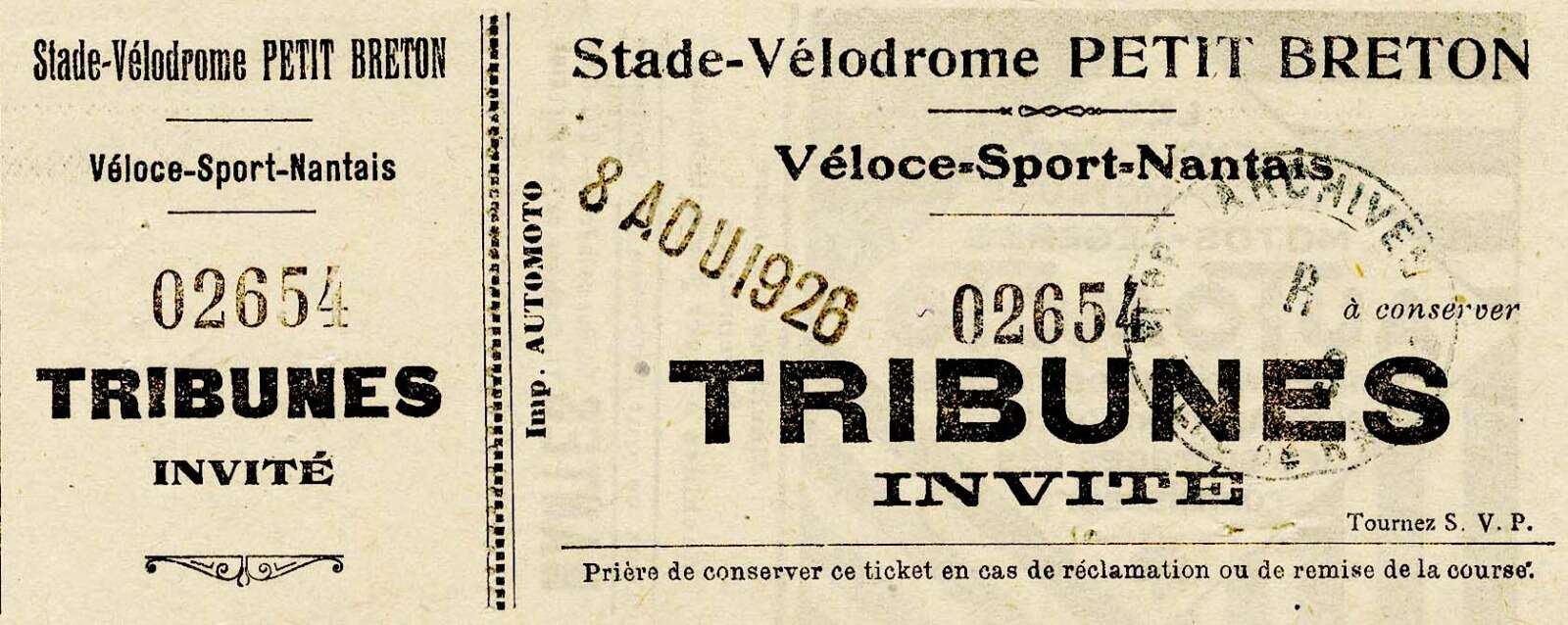 Ticket d'entrée pour une manifestation sportive au stade – vélodrome