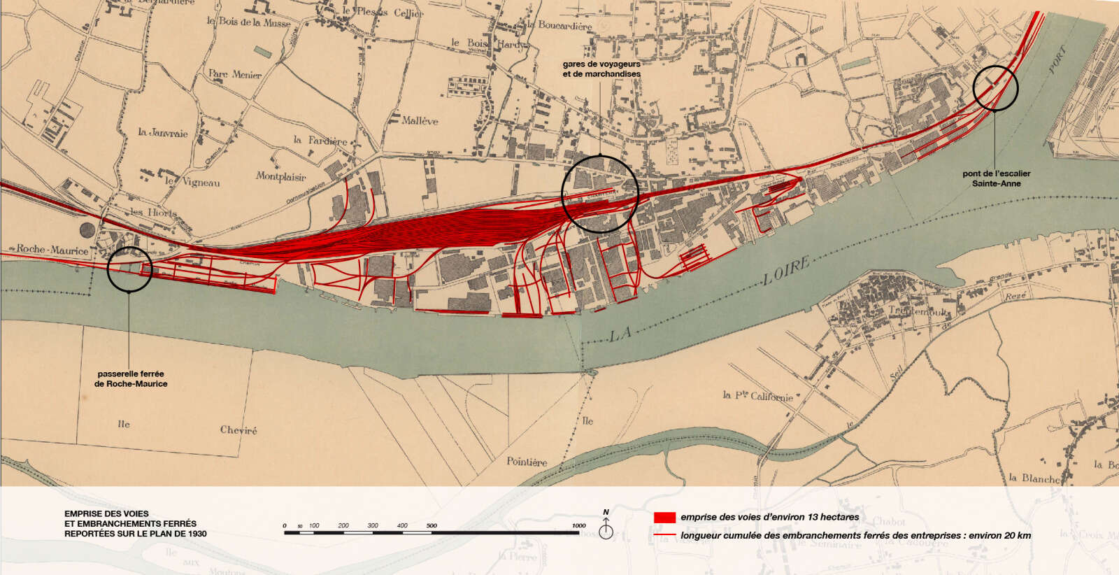 Emprise des voies et embranchements ferrés reportés sur le plan de 1930