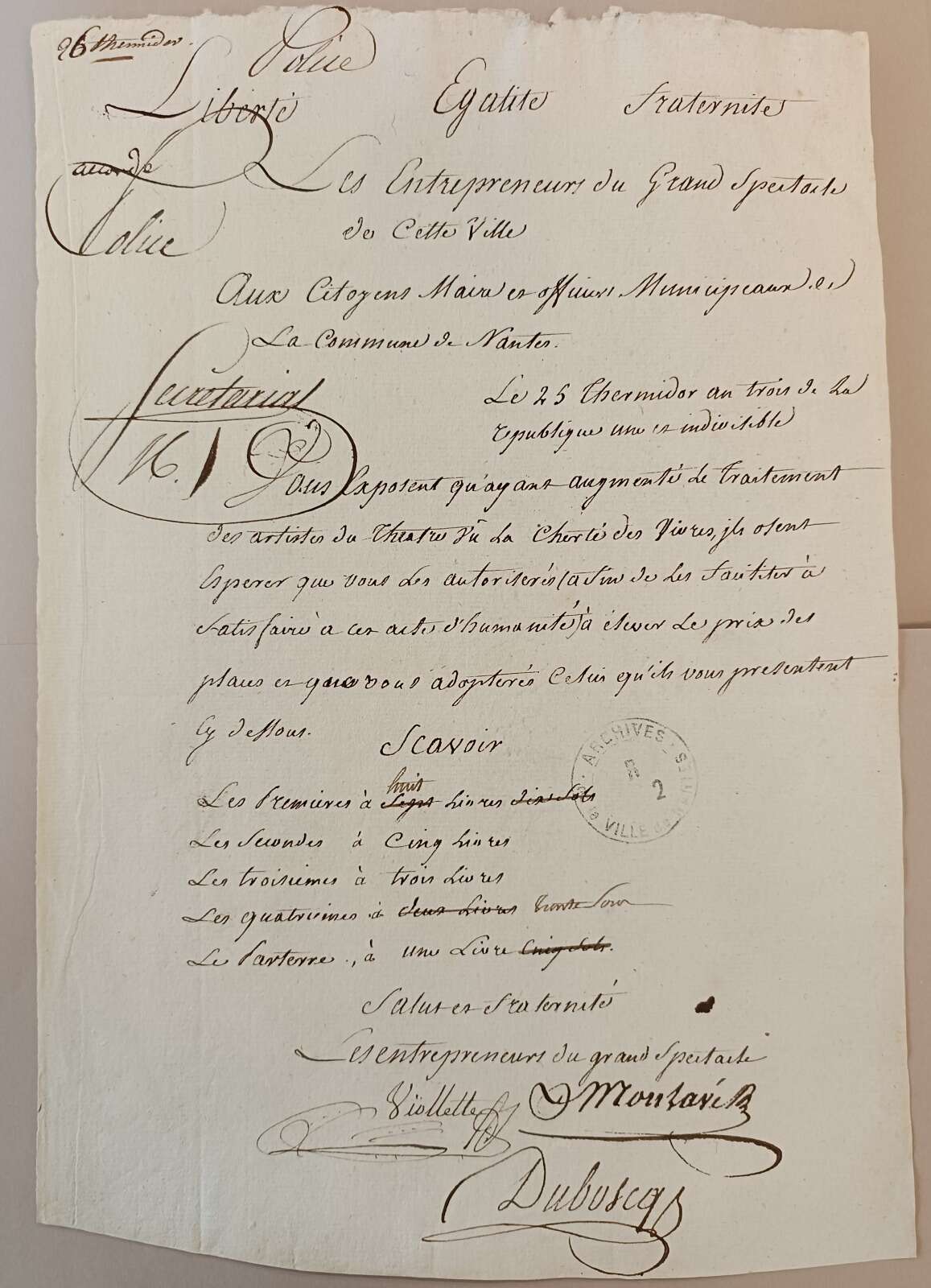 Requête du collectif des Entrepreneurs du Grand Spectacle adressée aux officiers de la ville de Nantes