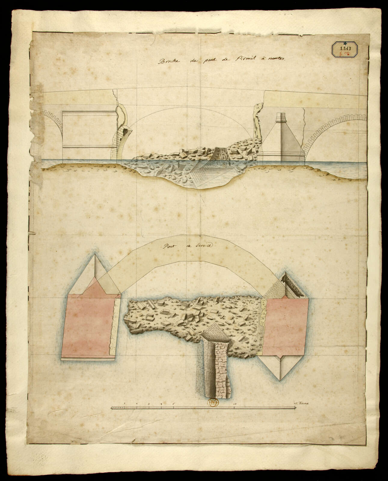 Plan colorié de la brèche du pont de Pirmil à Nantes