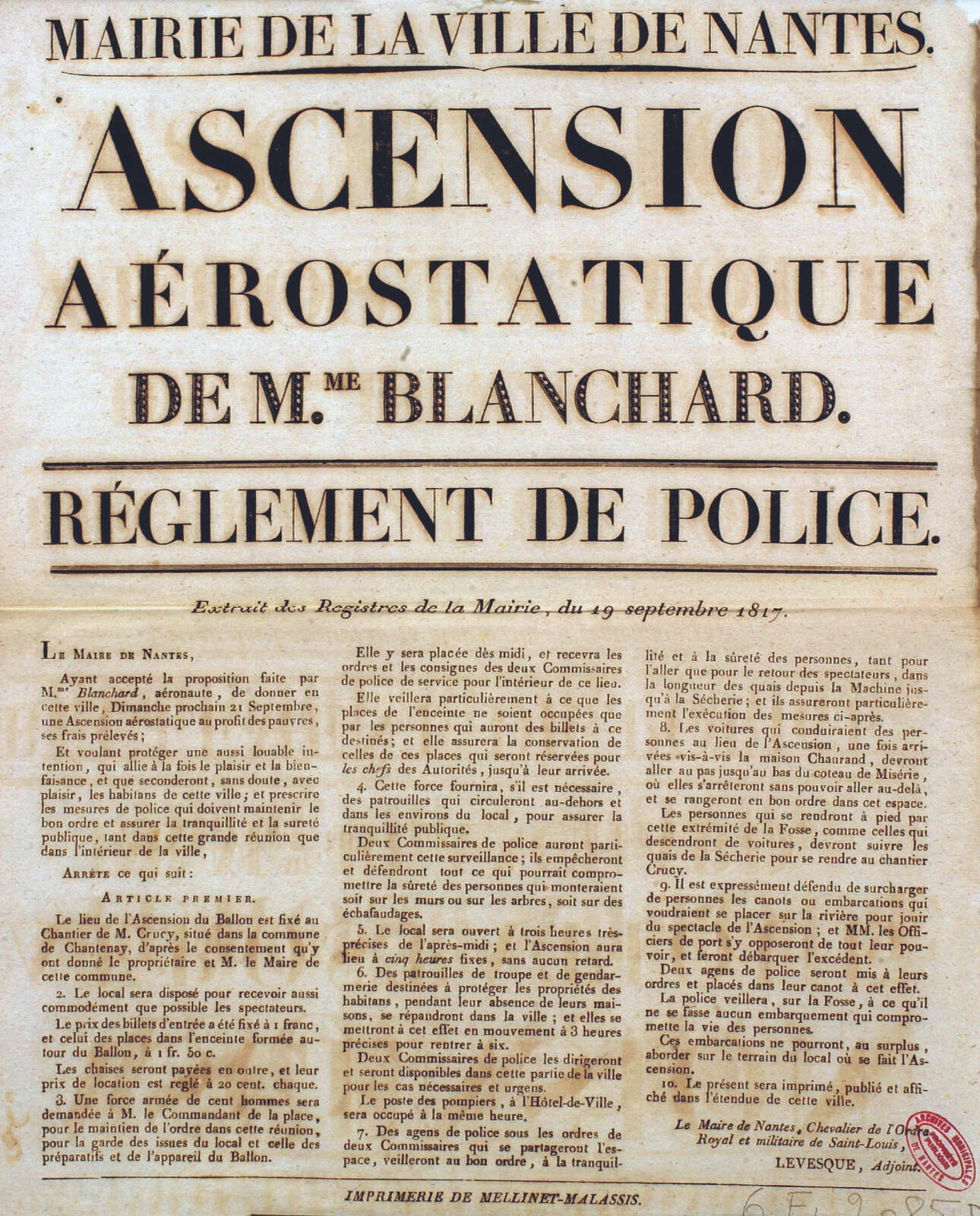 Réglement de police pour l’ascension aérostatique de mme Blanchard extrait des registres de la mairie de la ville de Nantes