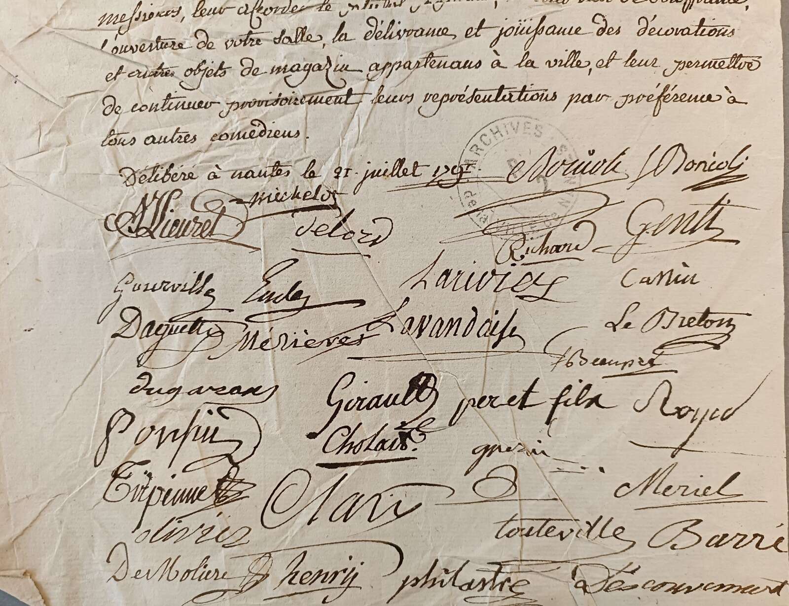 Lettre des comédiens du théâtre Graslin aux officiers municipaux de la ville de Nantes