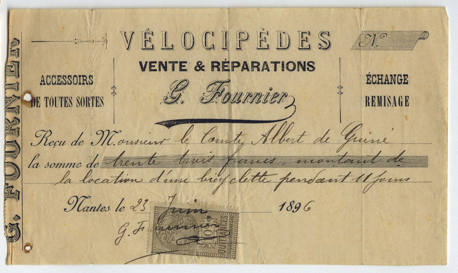 Facture adressée au comte Albert de Guiné pour la location d’une bicyclette