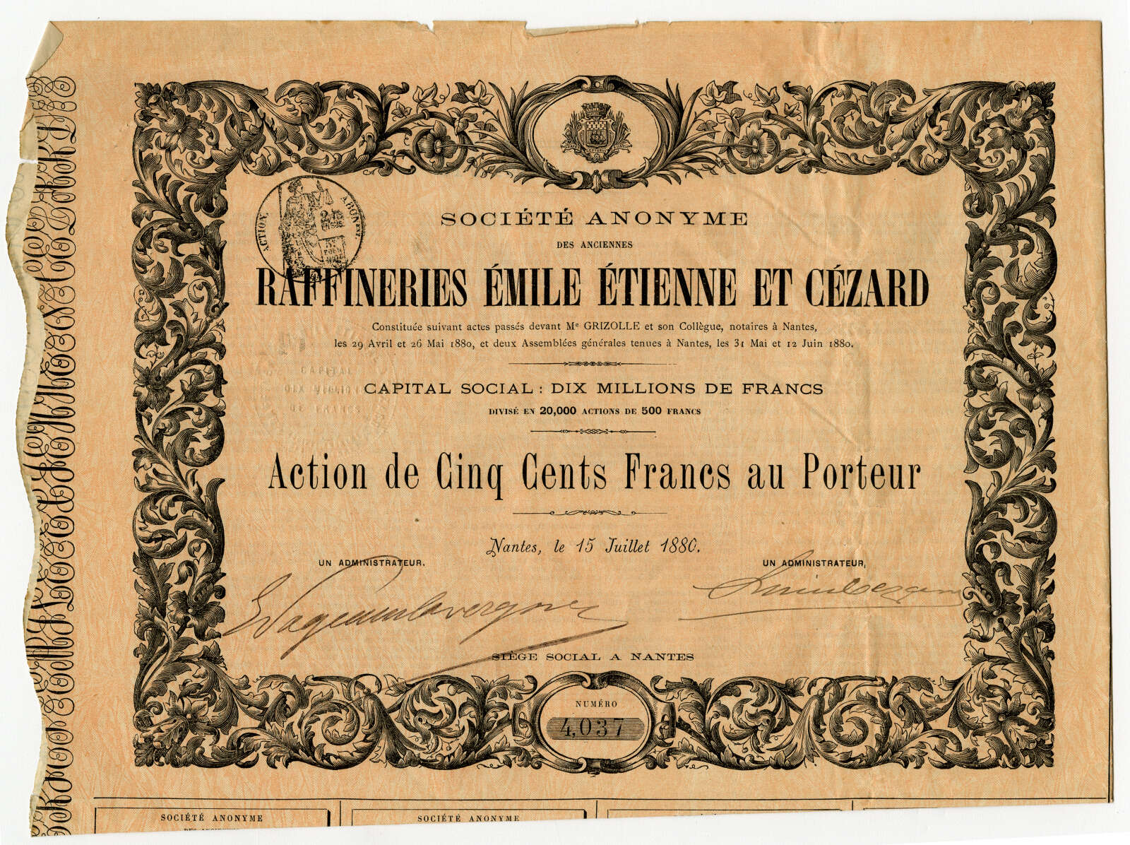 Action de 500 francs des Raffineries Emile Etienne et Cézard