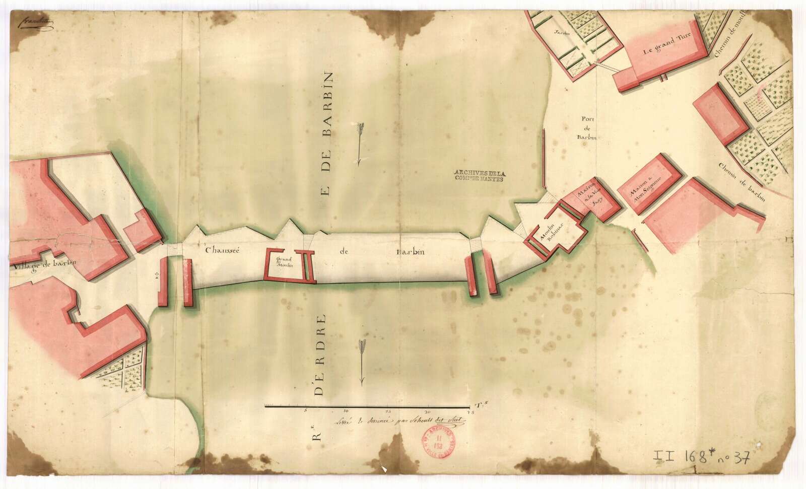 Plan de la chaussée de Barbin et ses trois moulins à eau