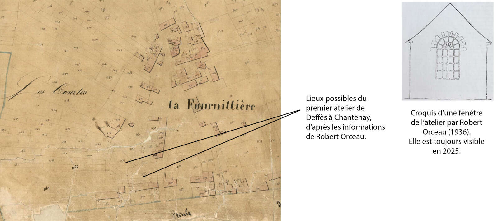 Lieux possibles du premier atelier Deffès à Chantenay et fenêtre de l’atelier
