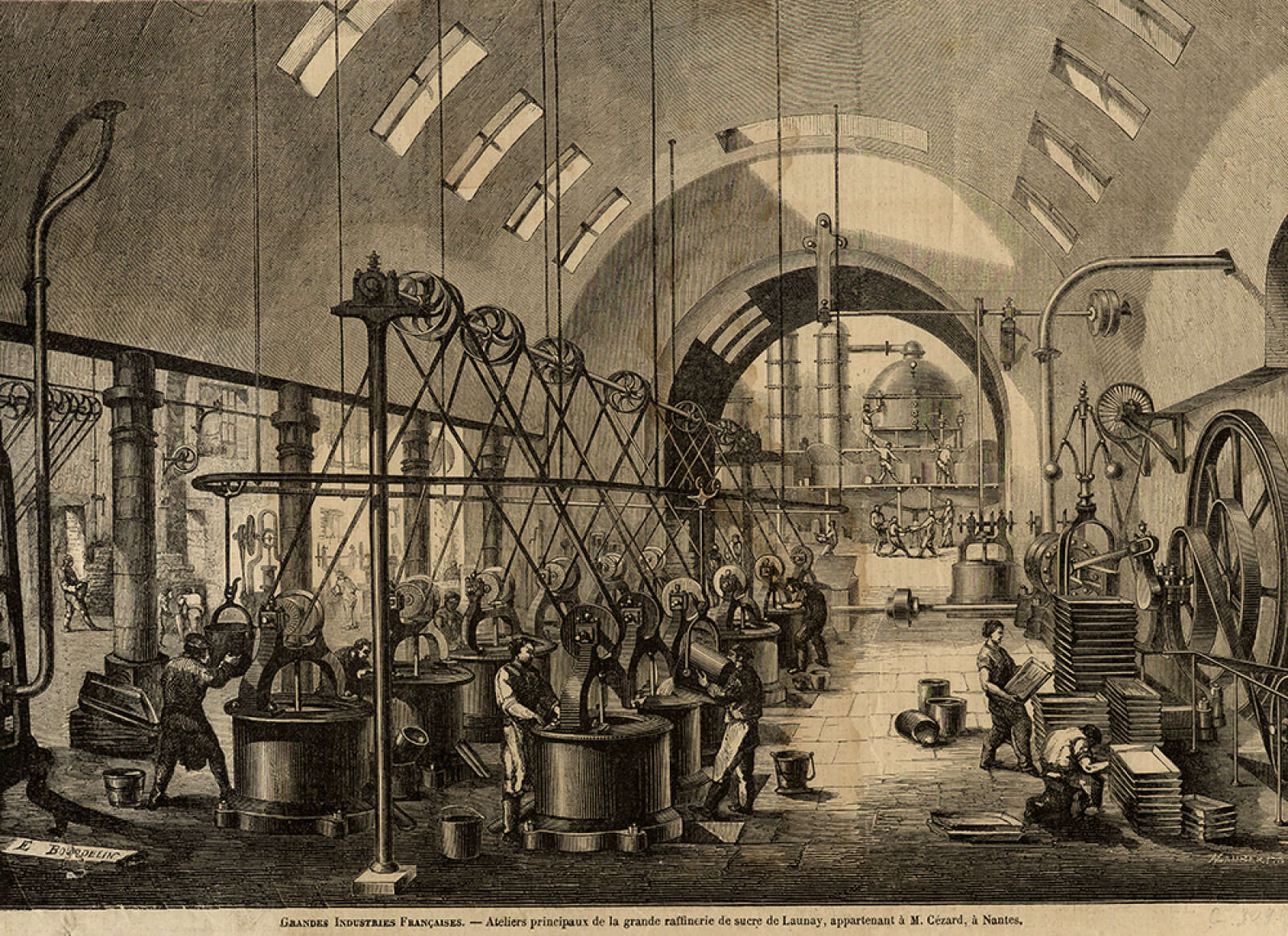 Dessin des ateliers principaux de la grande raffinerie de sucre de Launay, publié dans Le Monde illustré