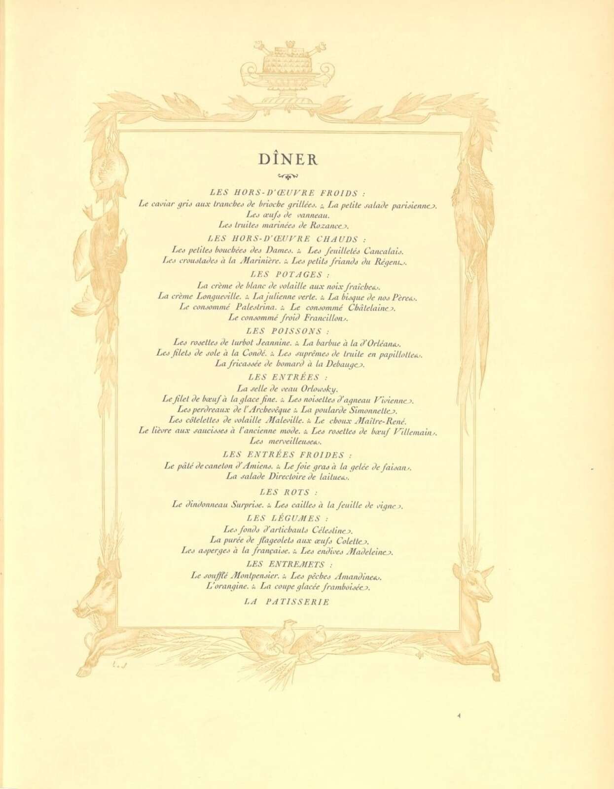 Menu de dîner issu de L’Heptaméron des Gourmets d’Édouard Nignon