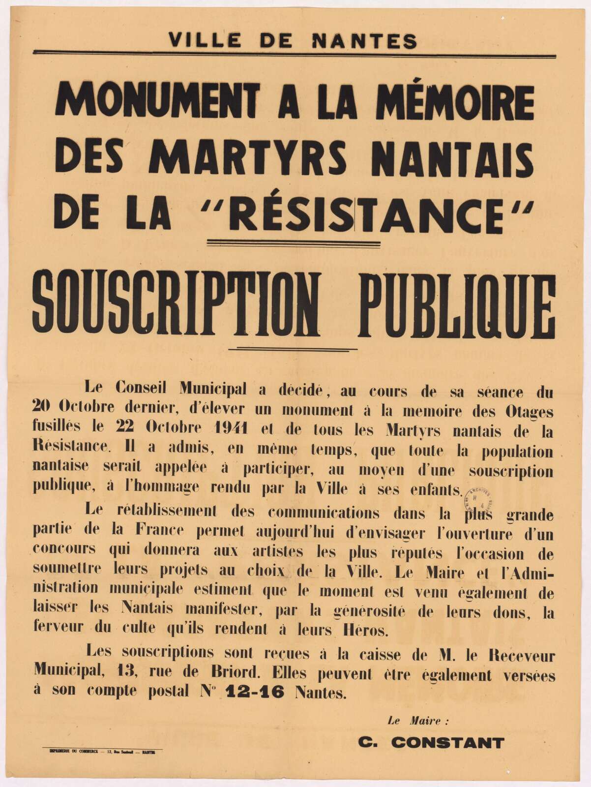 Affiche annonçant l'implantation d'un monument à la mémoire des martyrs nantais de la Résistance.